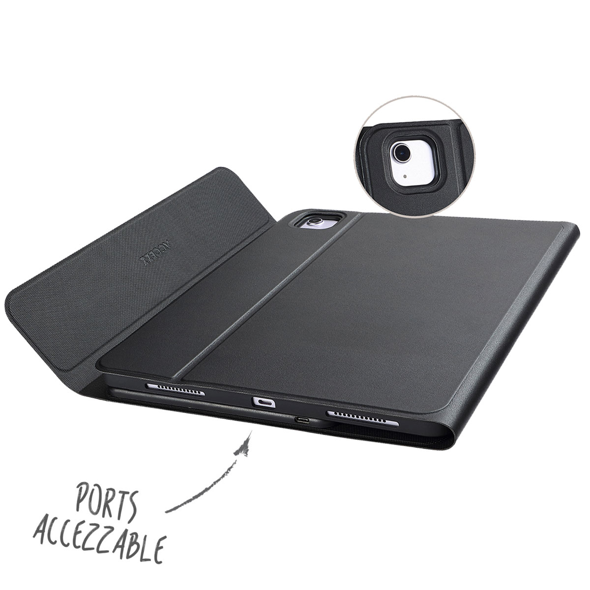Zwarte iPad-hoes met open klep met poorten. Met close-up van de camera.