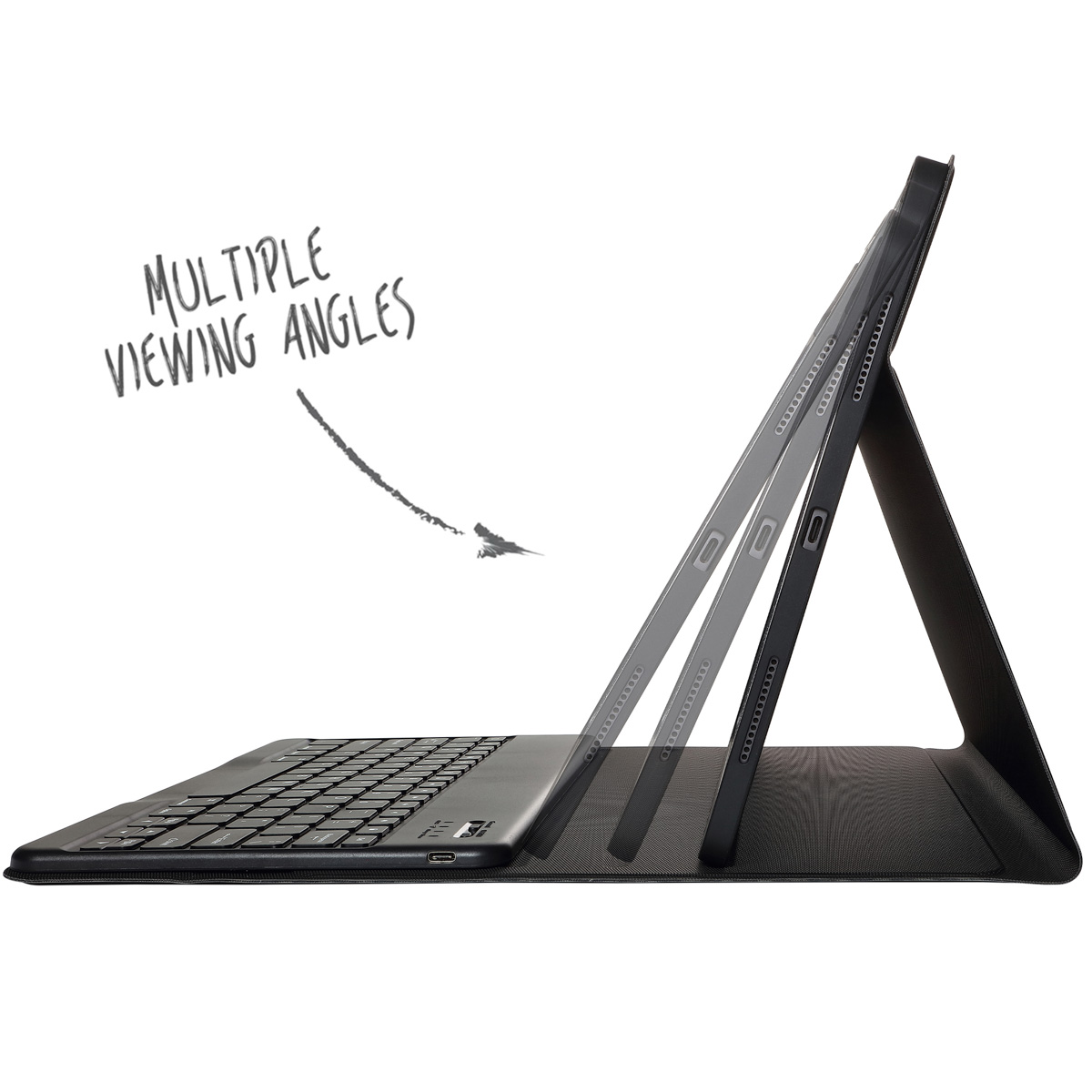 Black tablet case with keyboard. Multiple viewing angles are shown with the tablet in different positions.