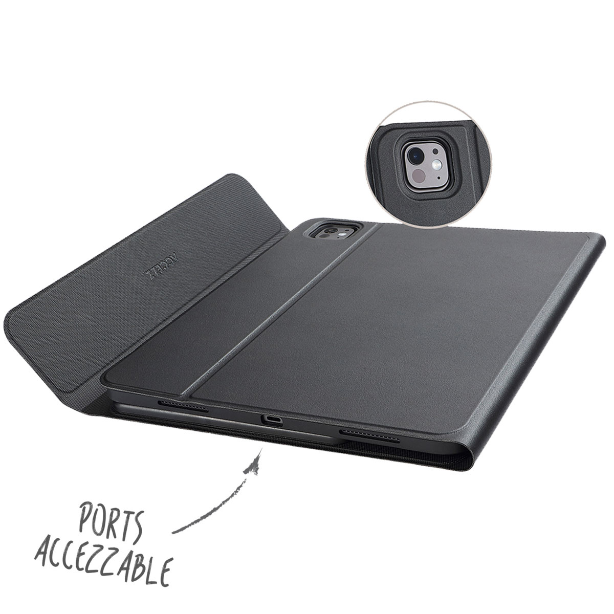 Tablet case. Open, showing the camera. Text says 'Ports Accessable'.