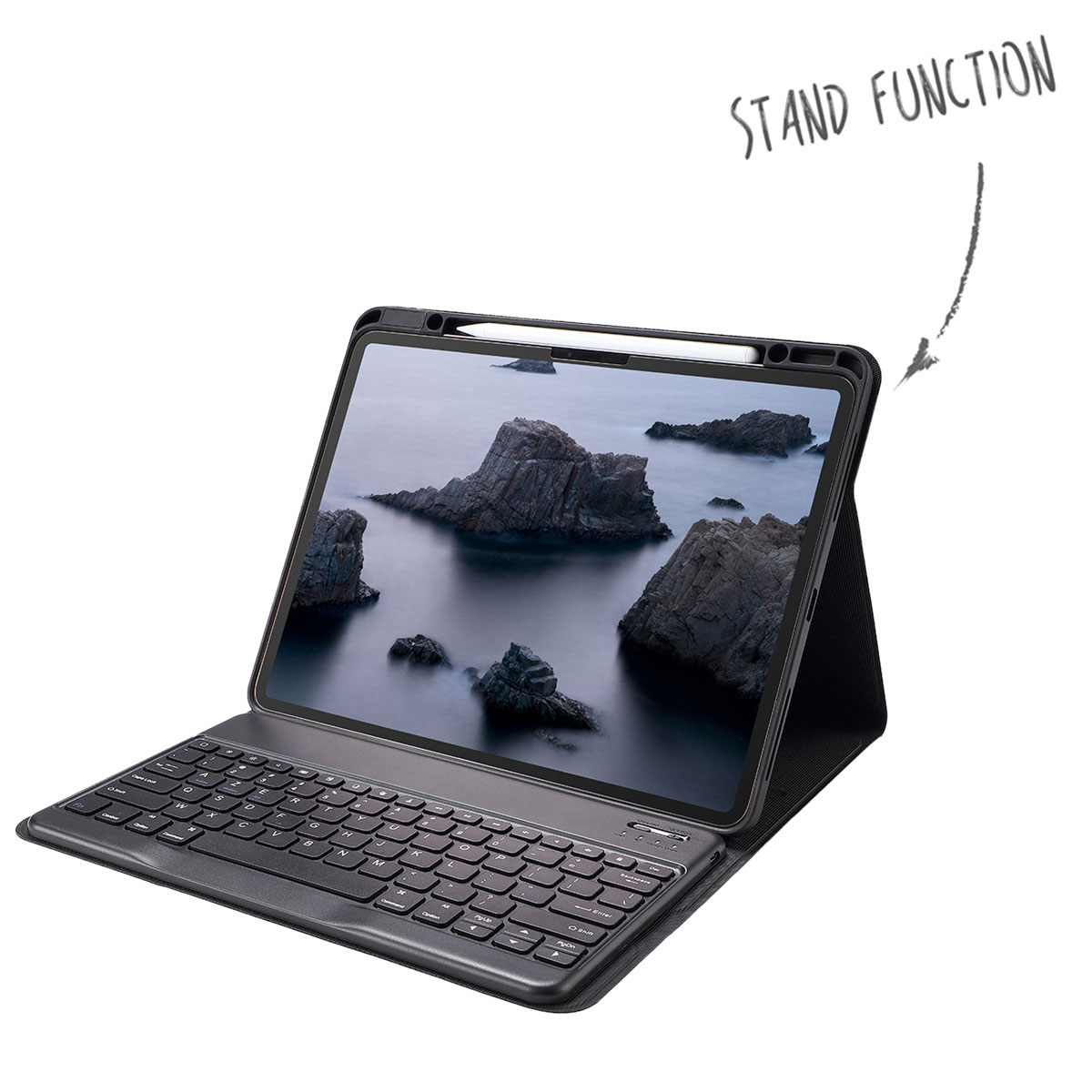 Tablet with keyboard case, screen showing a seascape, pen on top. Stand function is shown.