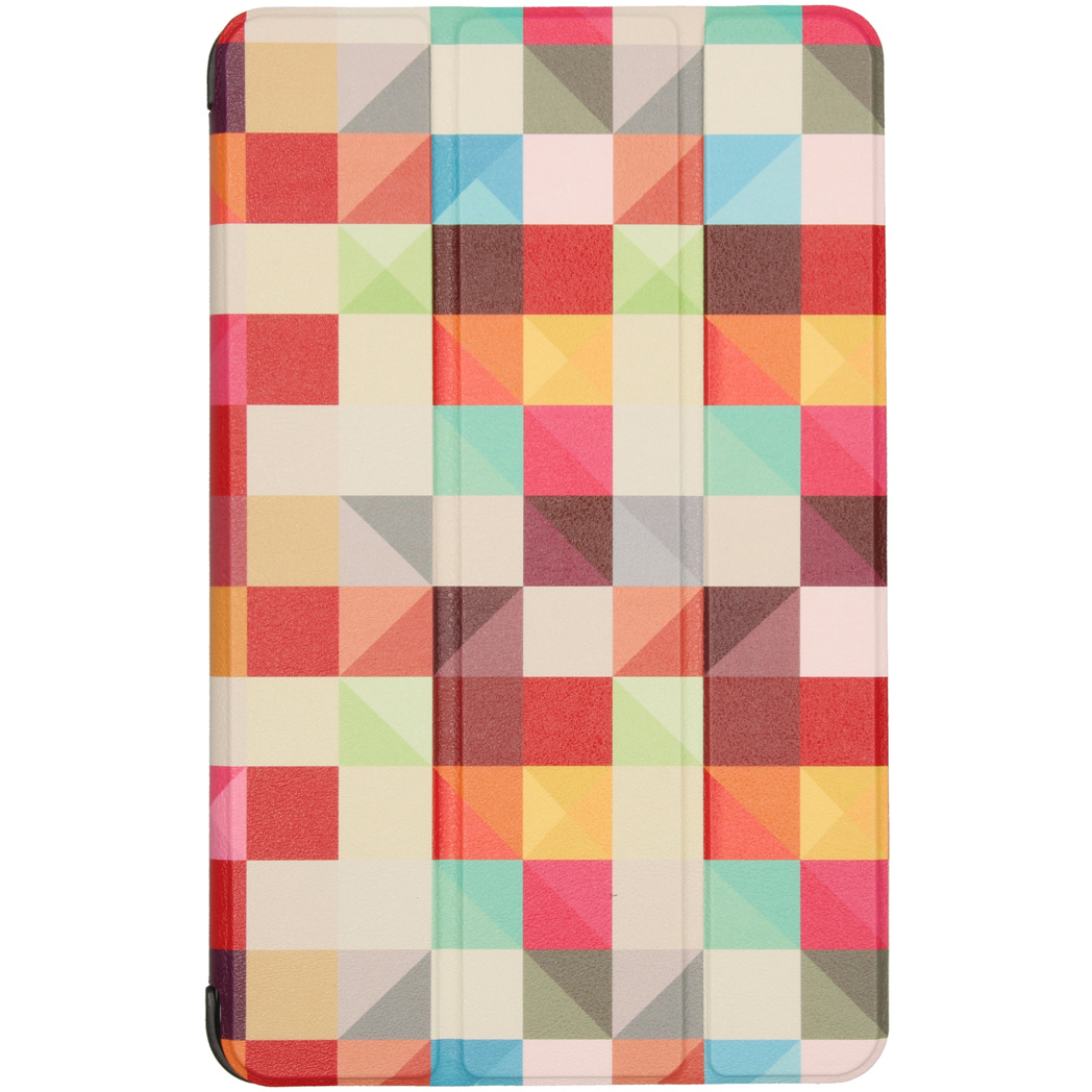 Tablet case with a colorful geometric pattern on the cover. It's a repeating pattern of squares and rectangles.