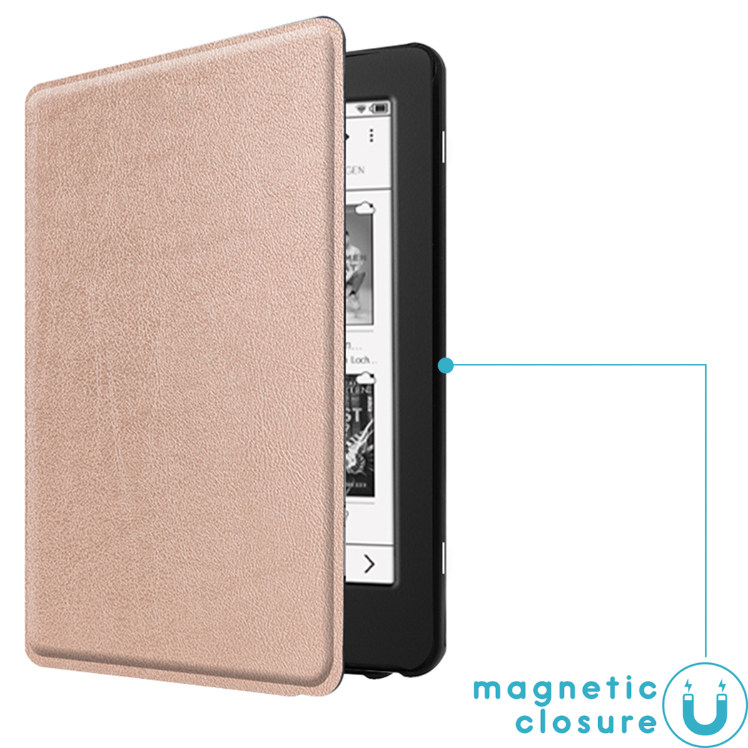 E-reader in open roze hoes. Het scherm toont tekst. De hoes is getextureerd.