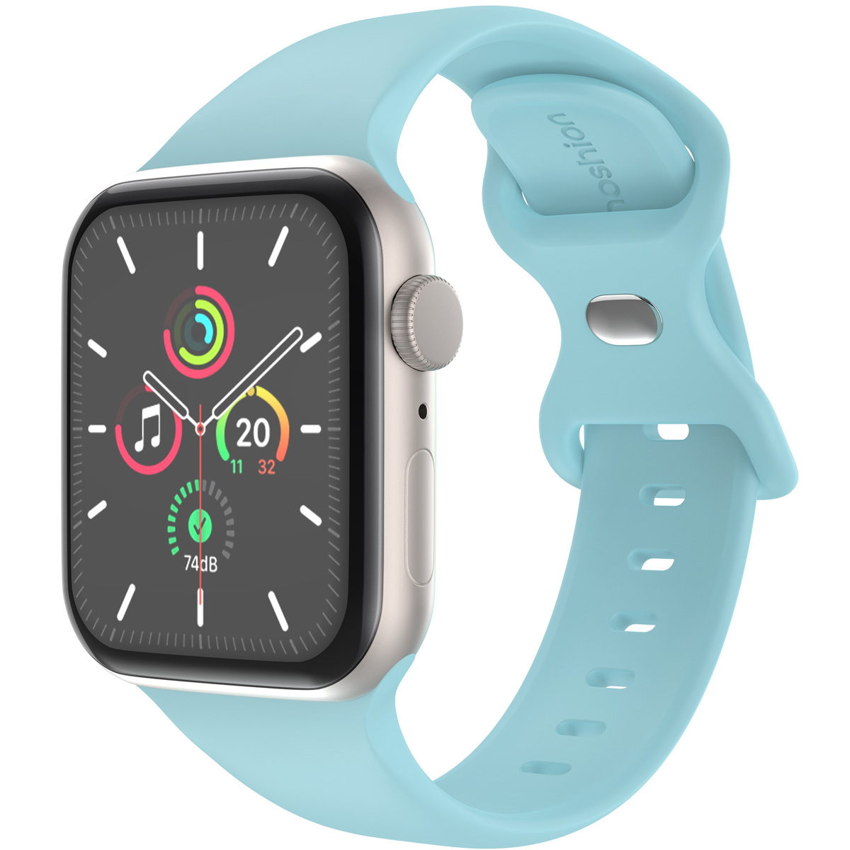 Apple watch with a silver case and a light blue strap. The watch shows the time and other data.