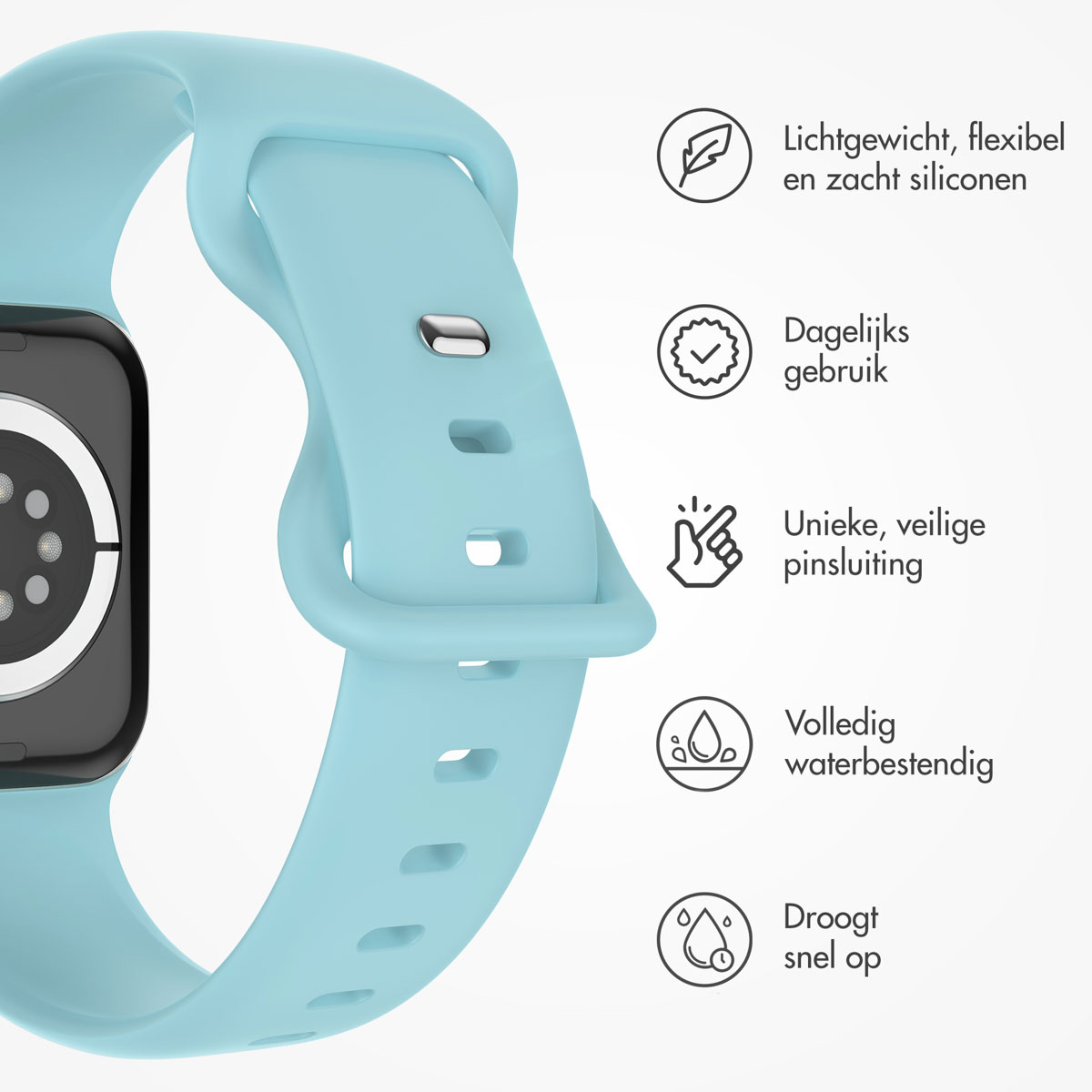Light blue watch band with icons, featuring a watch face. The band is flexible and waterproof.