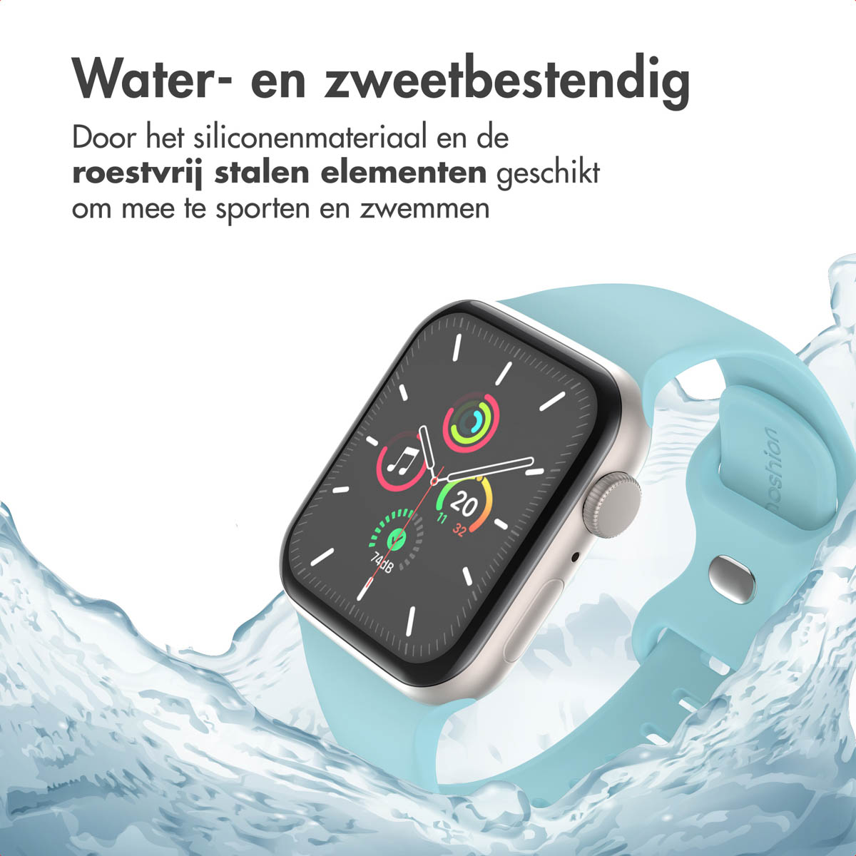Smartwatch with a blue band, water splashes, and text.
