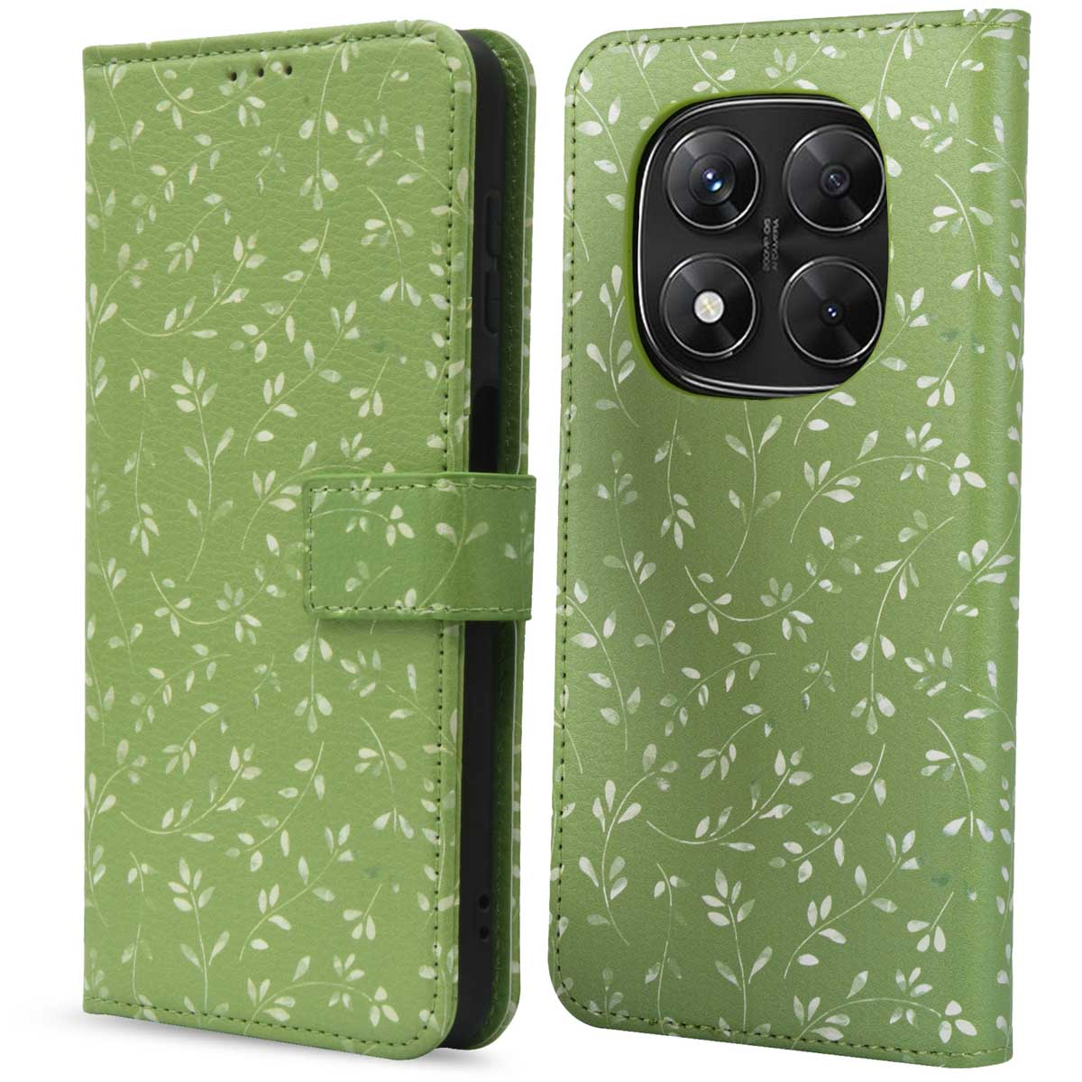 Een groene bloemen telefoonhoes, die de voor- en achterkant toont.