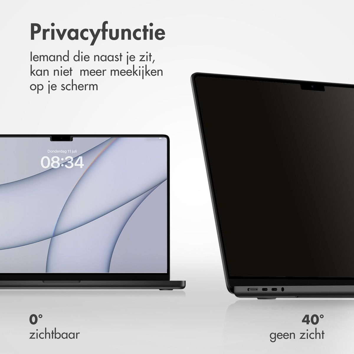 Laptop screen with privacy filter, showing 0 degrees visibility on left and 40 on right.