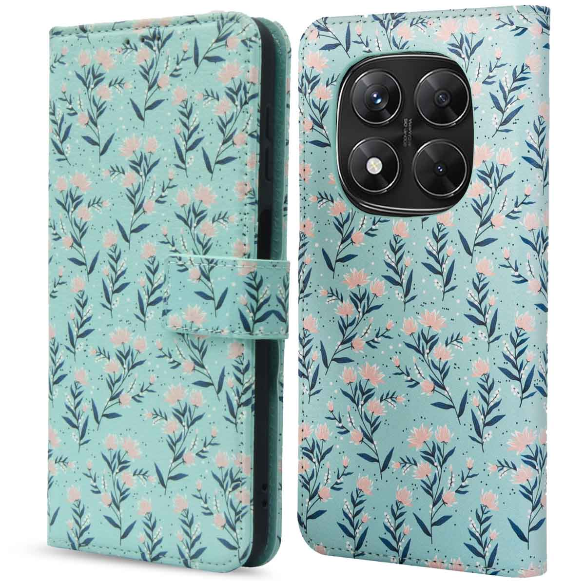 Een teal bloemenpatroon op een tablethoes, open om een telefoon binnenin te onthullen.