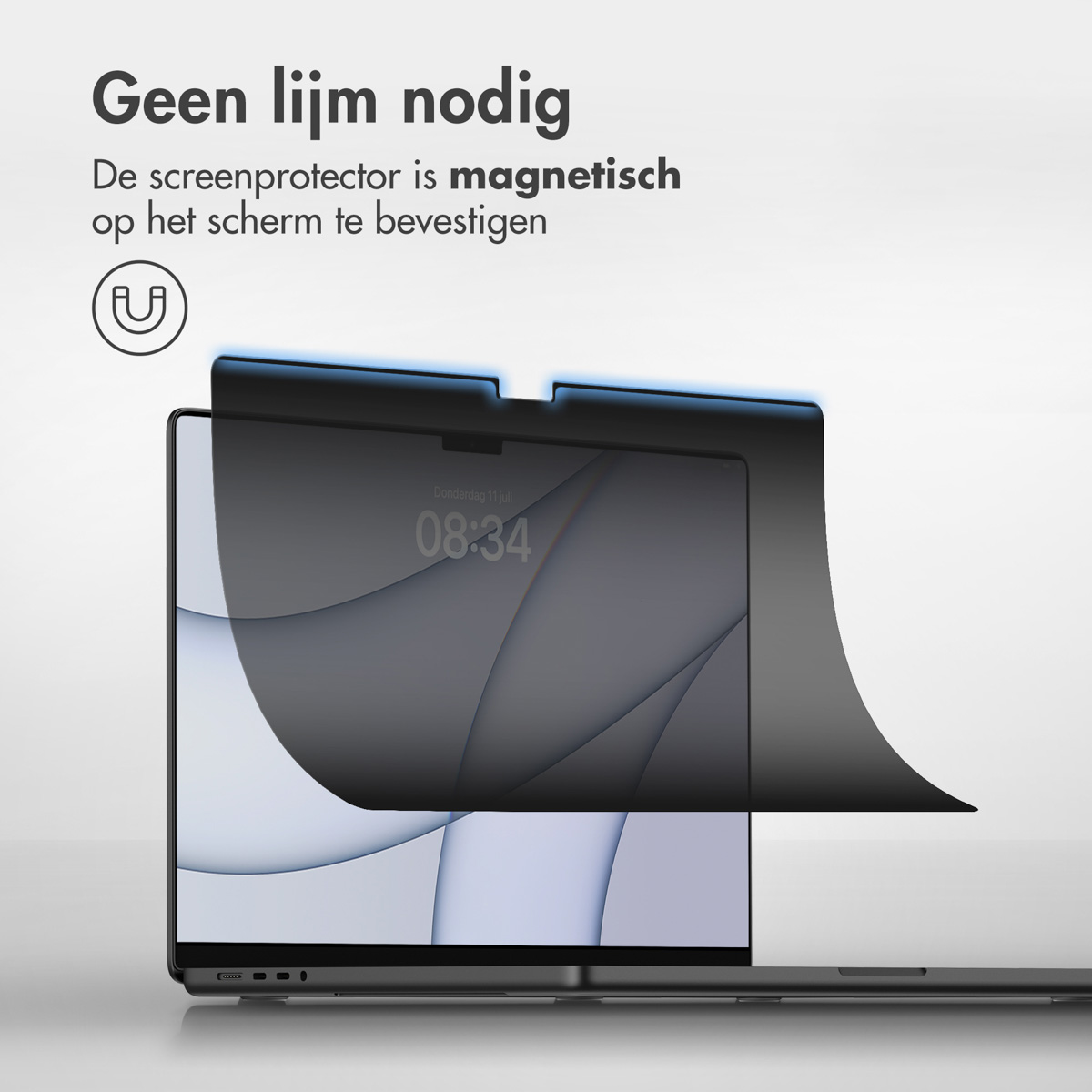 Laptop with screen protector. A magnet symbol is shown on the screen.