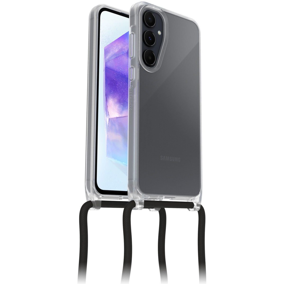Transparante telefoonhoes met een band om een telefoon. Witte achtergrond.