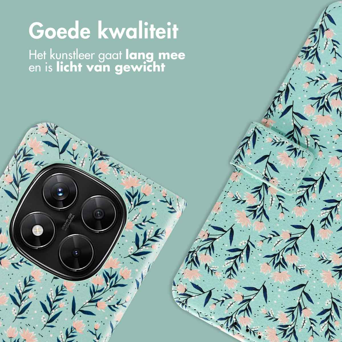 Telefoon en hoesje met bloemenpatroon. Hoesje toont telefooncamera. Blauw en roze bloemendesign.