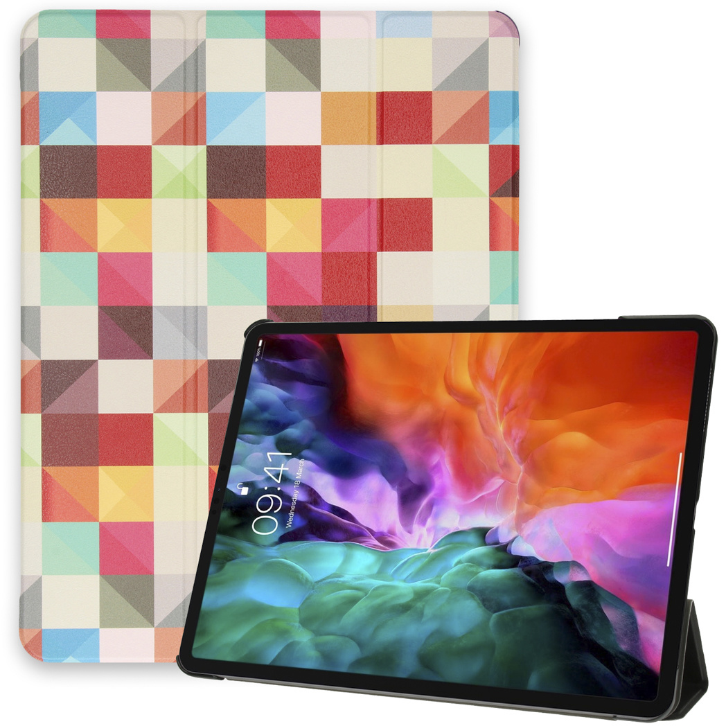 Tablethoes met een kleurrijk patroon op de achtergrond. Een tablet staat aan de rechterkant.