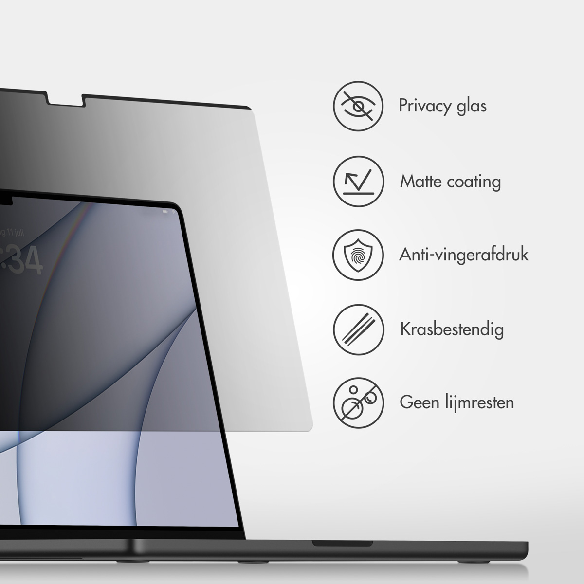 Laptop with a privacy screen protector, with text and icons.