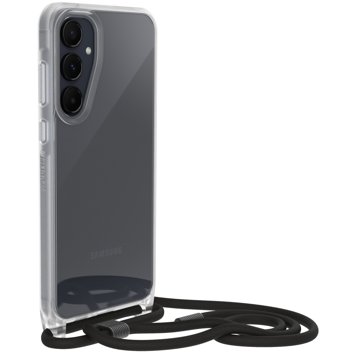 Een transparante telefoonhoes met een zwart koord. De telefoonhoes staat op een witte achtergrond.