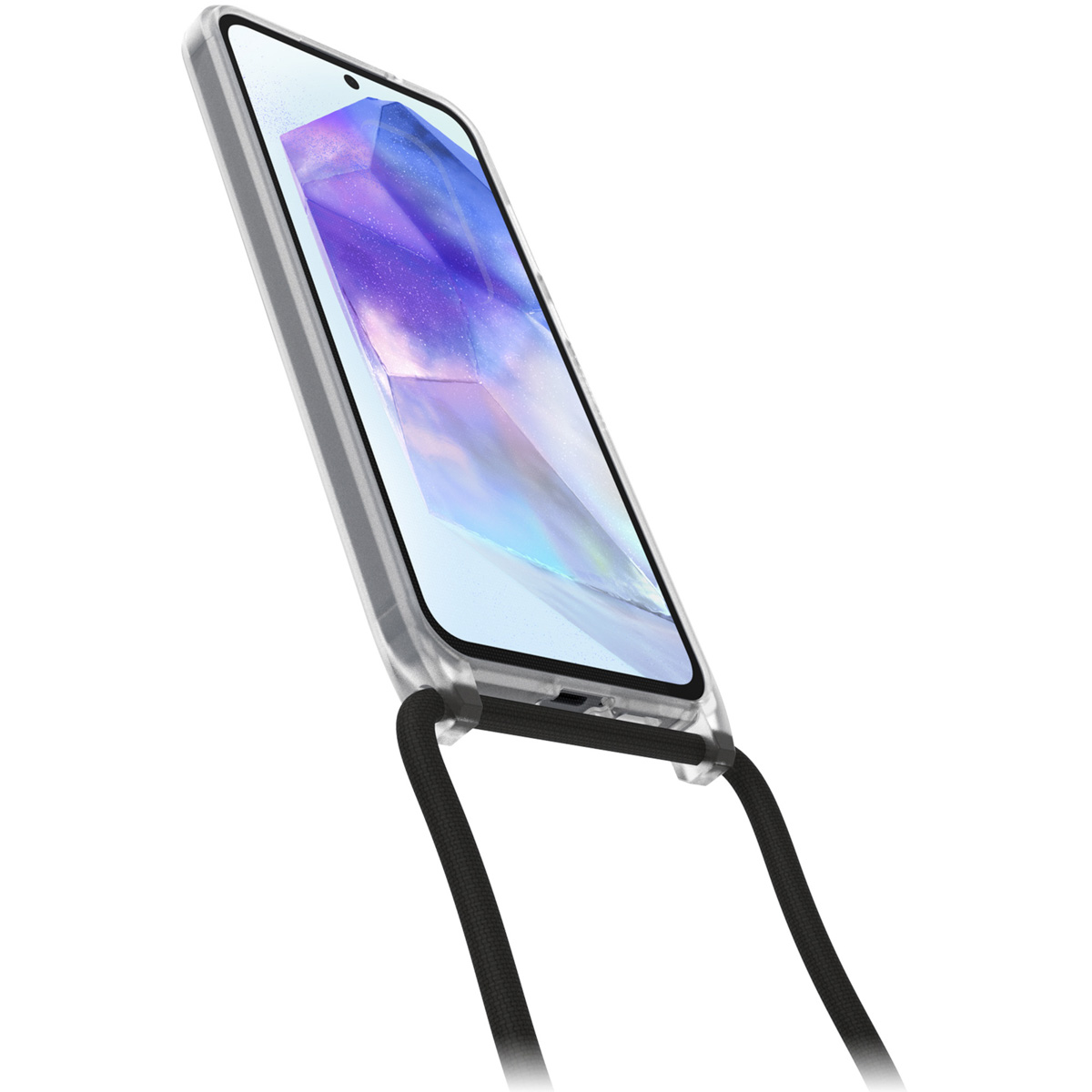 Telefoon met een doorzichtige hoes en een zwart bandje, omhoog gekanteld.