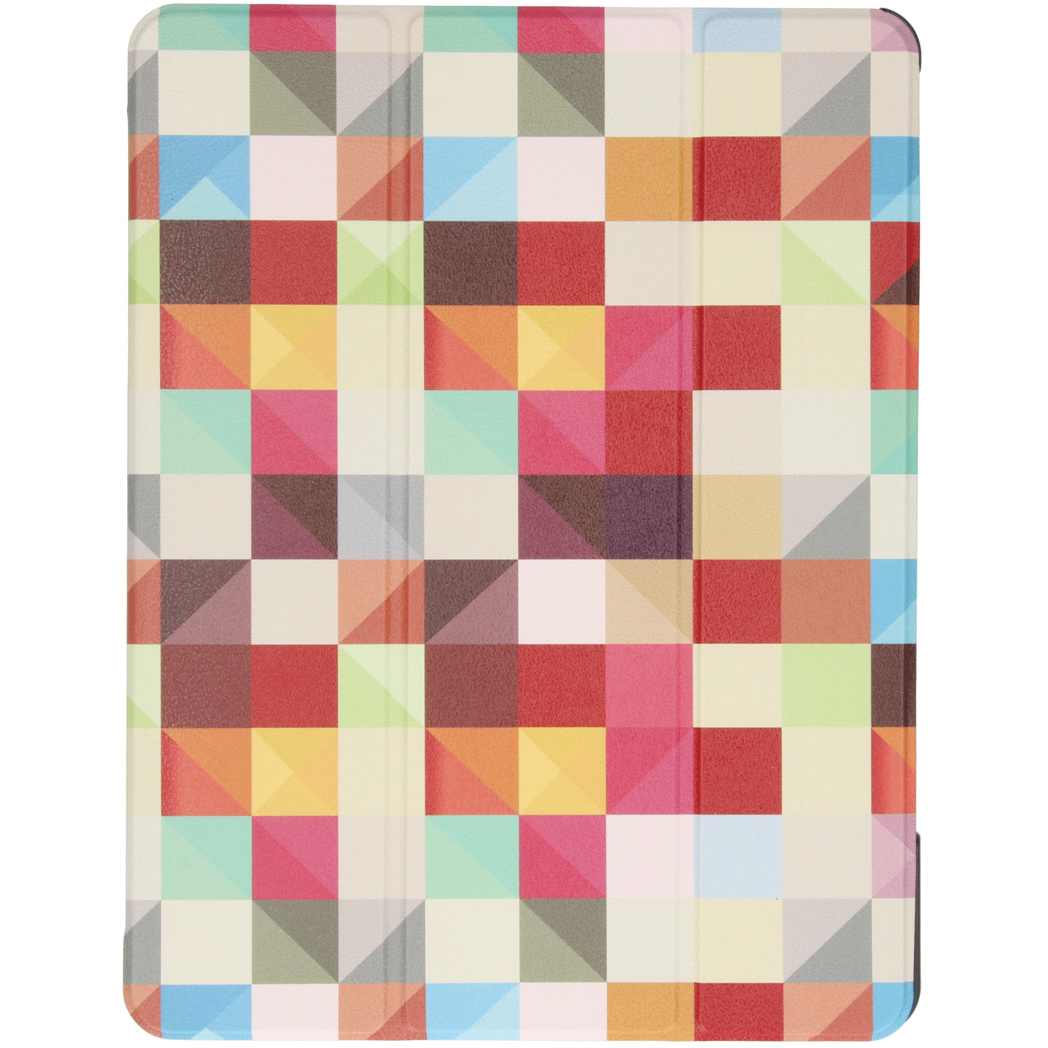 Een tablet case met een kleurrijk geometrisch patroon. Het is opgevouwen en gesloten.