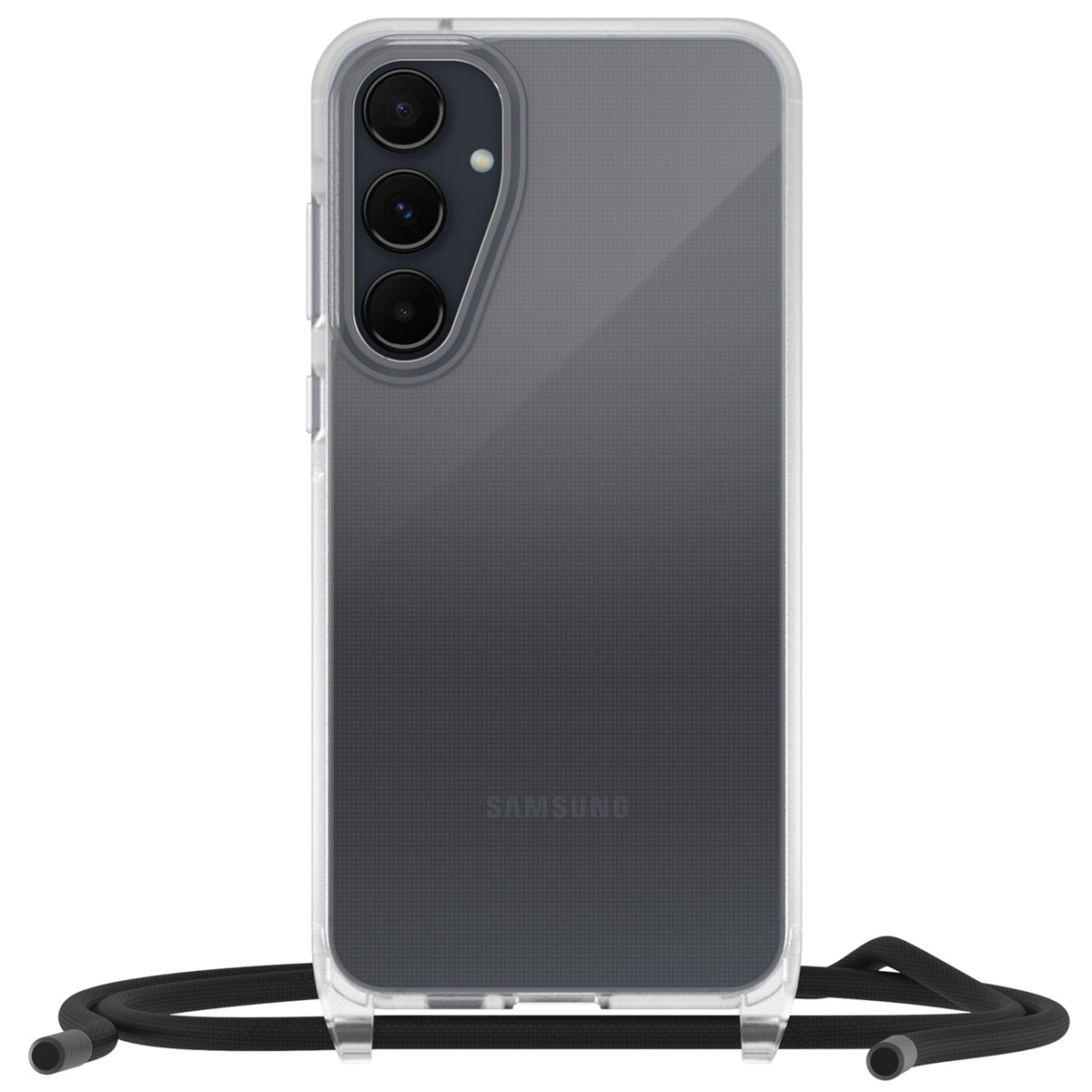 Transparante telefoonhoes met zwart koord. Telefoon erin. Hoes heeft 3 camera's.
