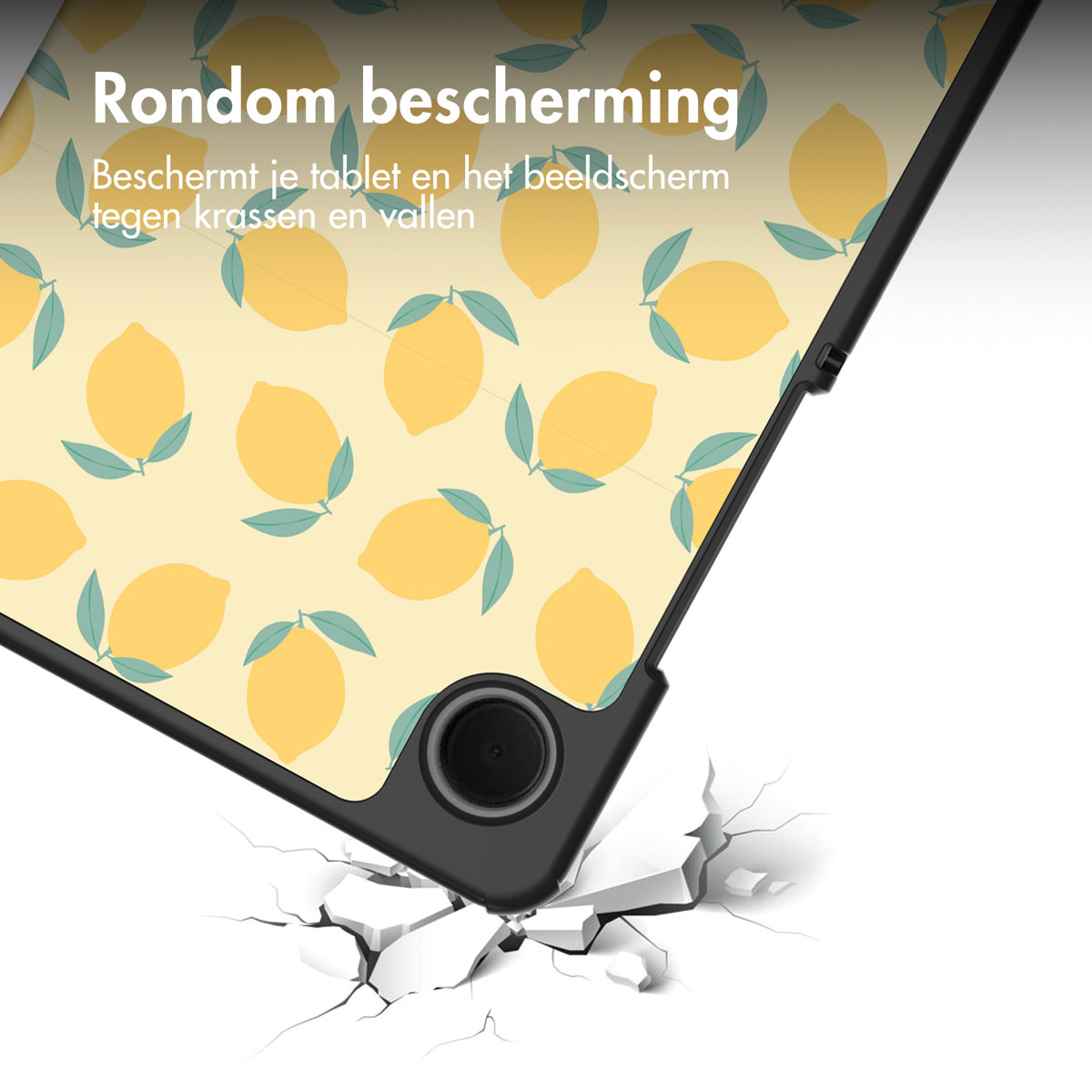 Tablette avec étui, montrant un design de citron, avec des fissures autour de l'appareil.