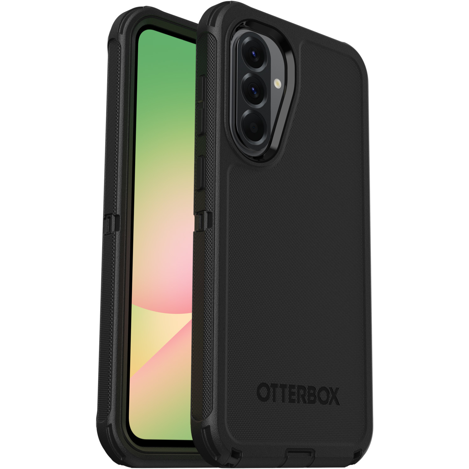 Coque de téléphone noire avec une découpe pour la caméra. La coque a une texture noire.