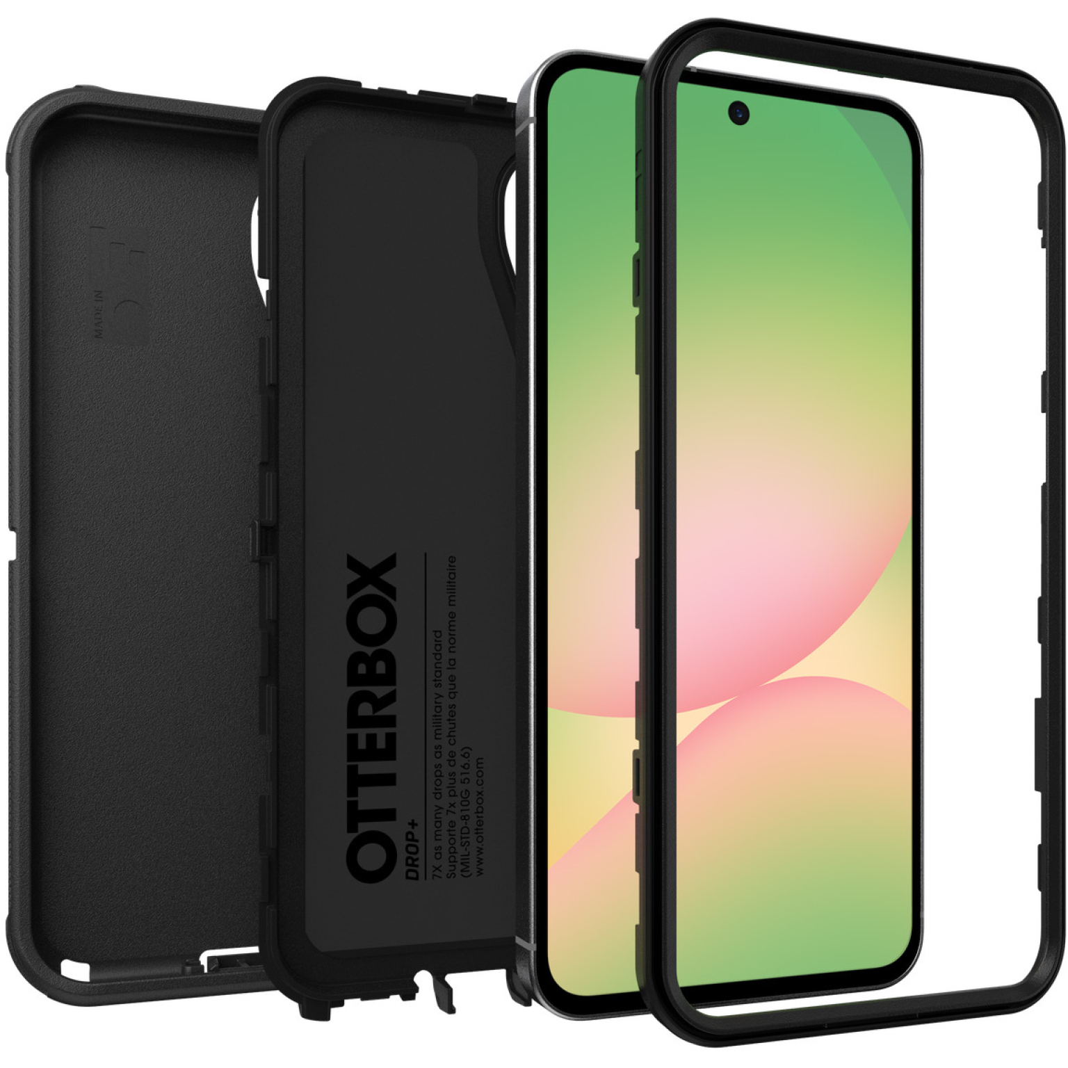 Un étui de téléphone en trois pièces. Un étui noir, un cadre de protection et un téléphone avec un écran vert.