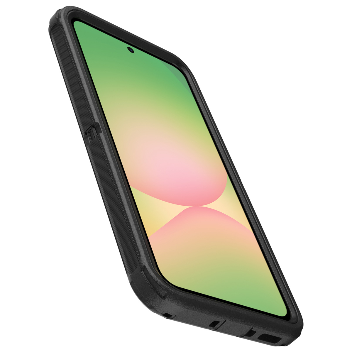 Un téléphone dans un étui noir, incliné, montrant un fond vert et jaune à l'écran.