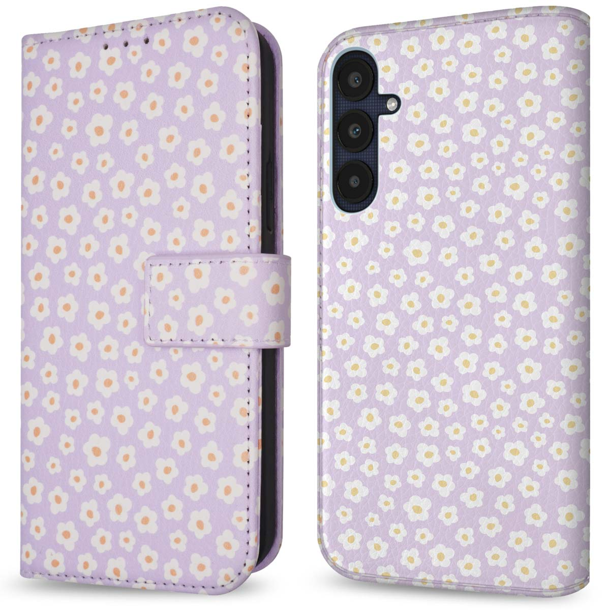 Telefoonhoesje met een bloemenpatroon. De hoes is open, met telefoon erin.
