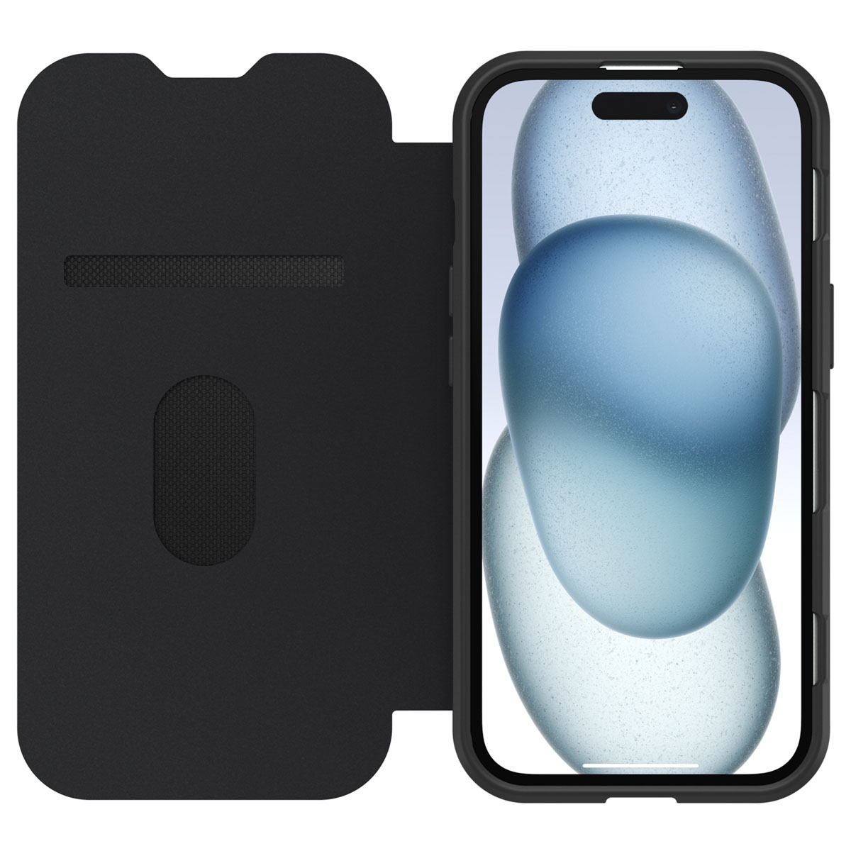 Custodia per telefono nera aperta, mostra lo schermo con sfondo astratto blu e bianco.