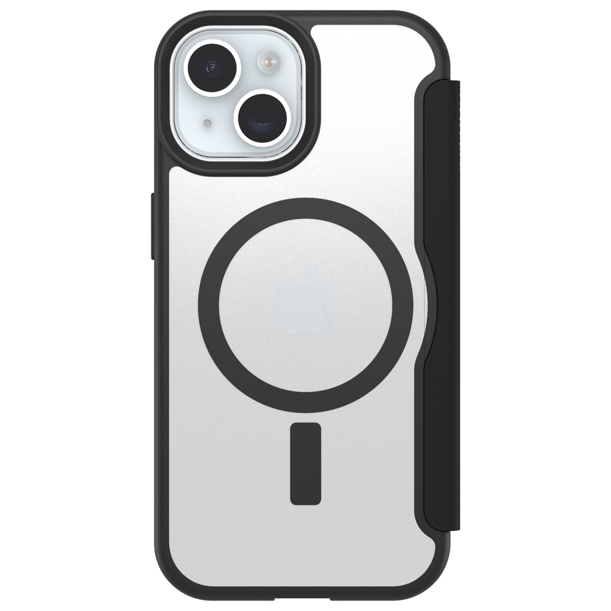 Custodia per iPhone con bordo nero e un cerchio magnetico sul retro.