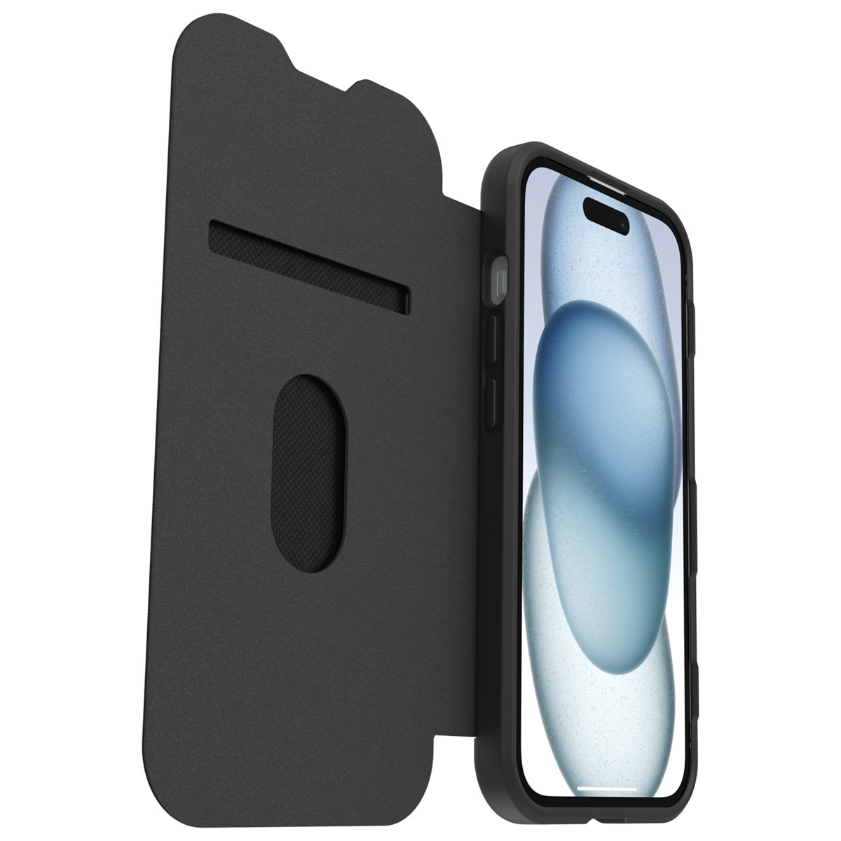 Custodia per telefono nera aperta. Rivela il telefono. La custodia ha una fessura per le carte.