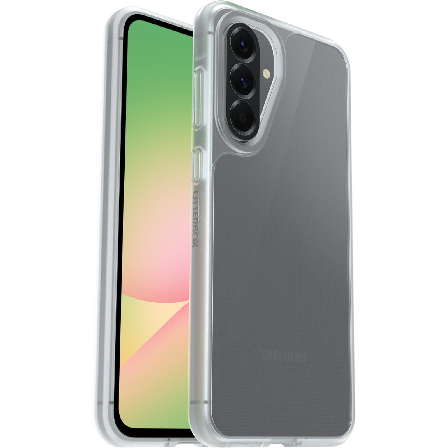 Een doorzichtige telefoonhoes op een telefoon. De telefoon heeft een camera-array op de achterkant.