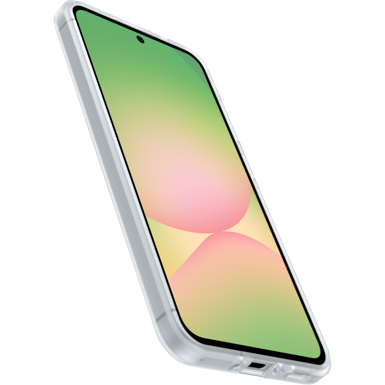 Een doorzichtige telefoonhoes met een telefoon erin. Het telefoonscherm staat aan.