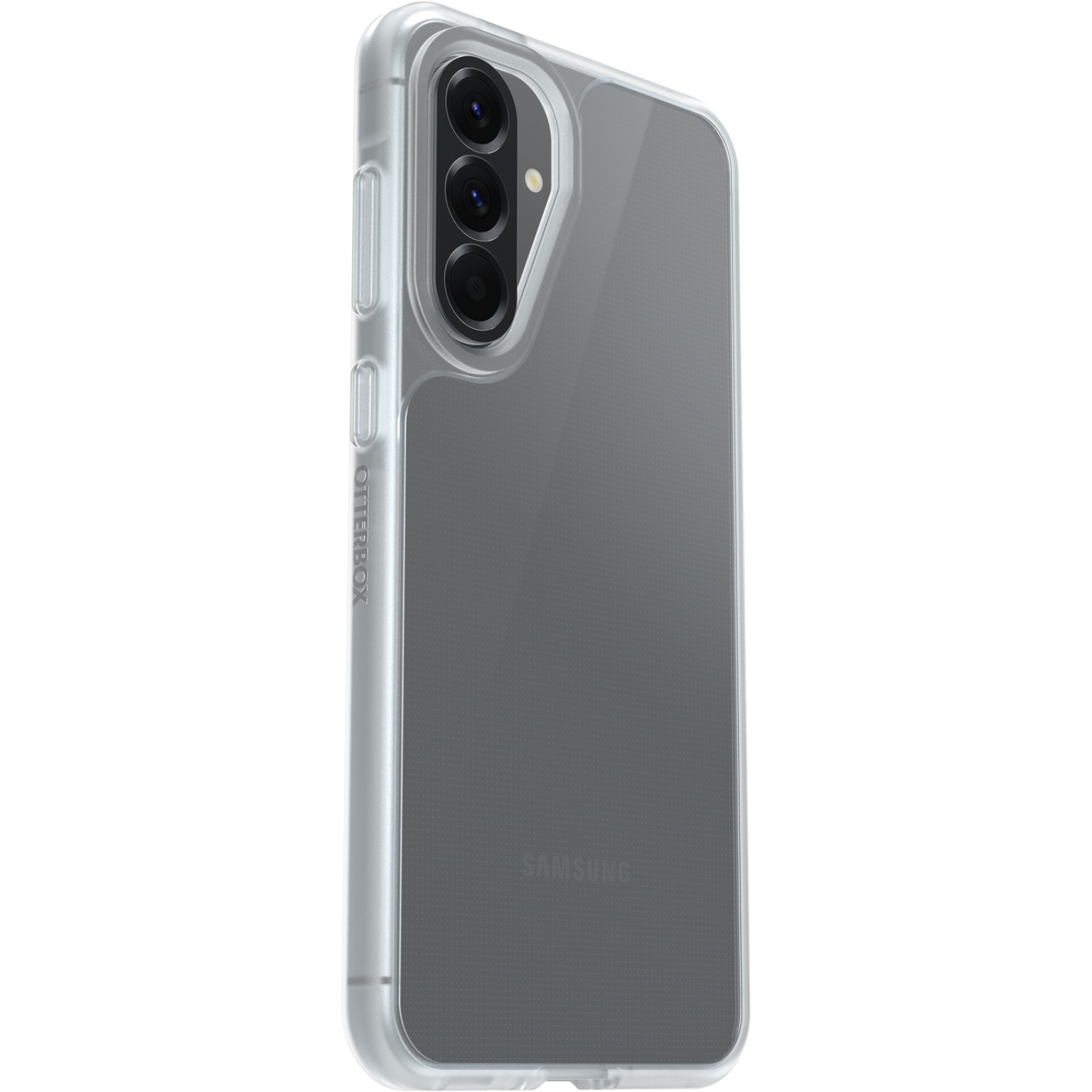 Een telefoon in een doorzichtige case. Drie camera's zijn zichtbaar op de achterkant. Samsung staat erop.
