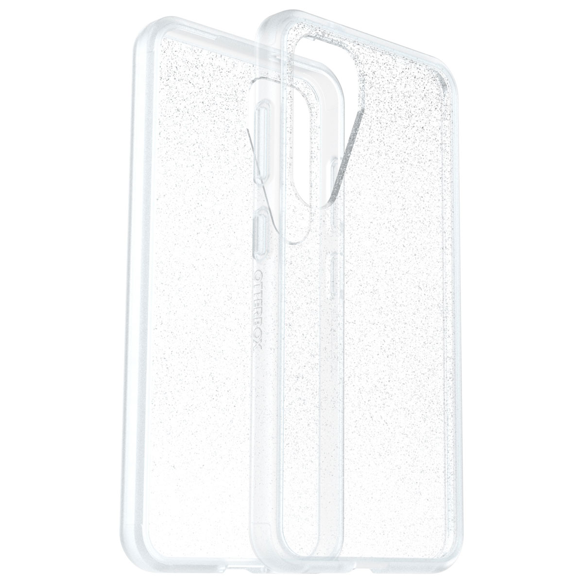 Deux coques de téléphone transparentes. L'une est devant l'autre, montrant un effet pailleté à l'intérieur.