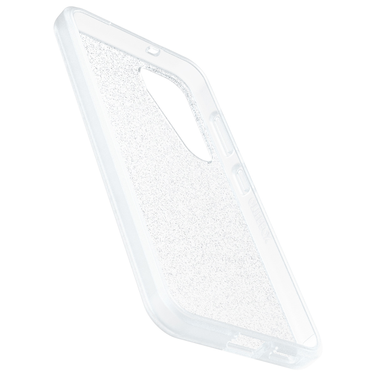 Une coque de téléphone transparente avec des paillettes à l'intérieur. La coque montre une découpe pour la caméra.