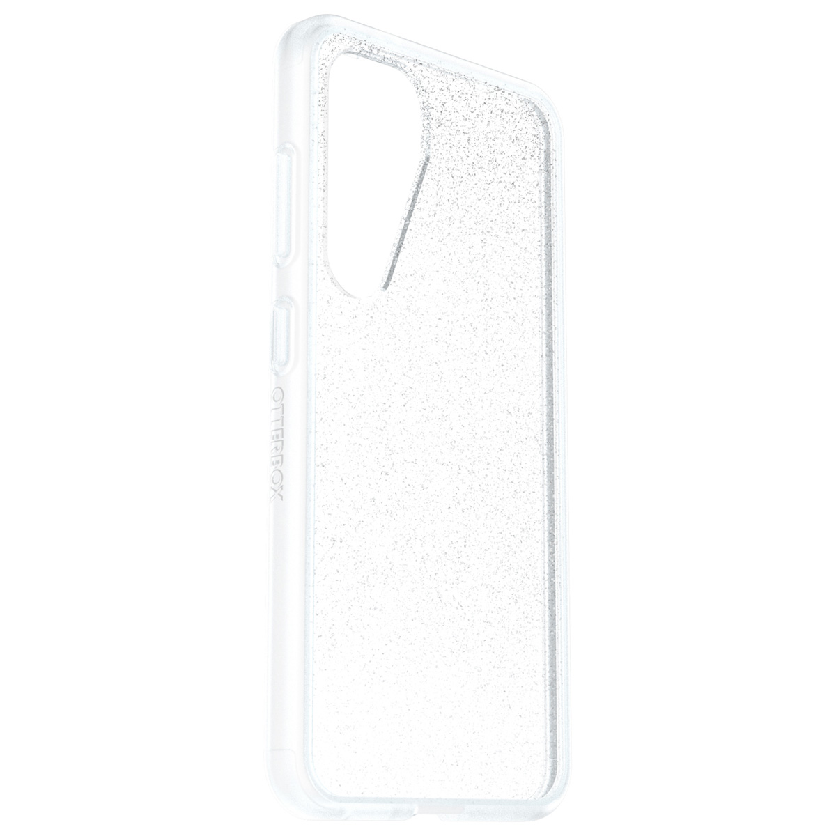 Coque de téléphone transparente avec paillettes argentées, montrant le profil latéral.