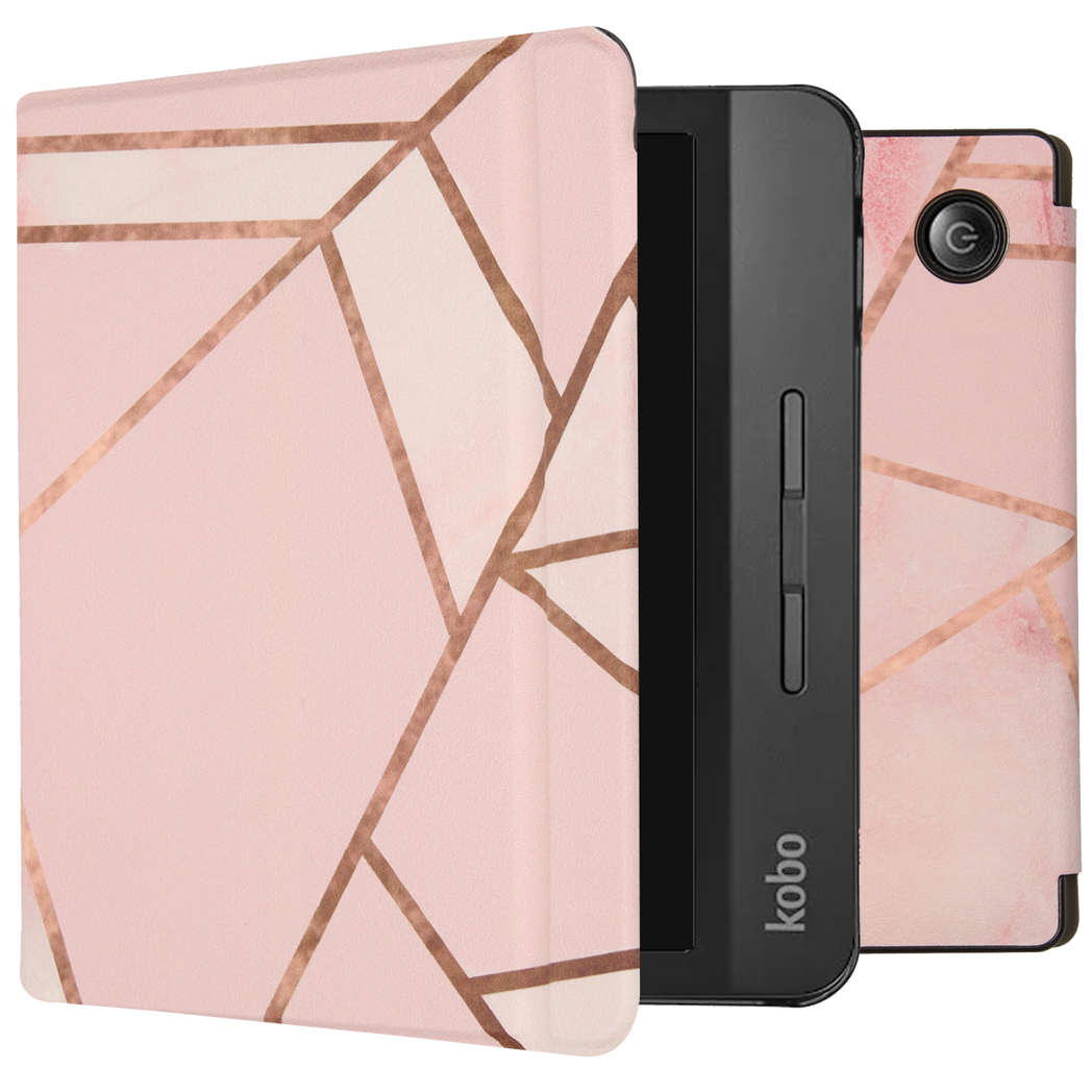Roze en goudkleurige tabletcover met een zwarte e-reader zichtbaar.
