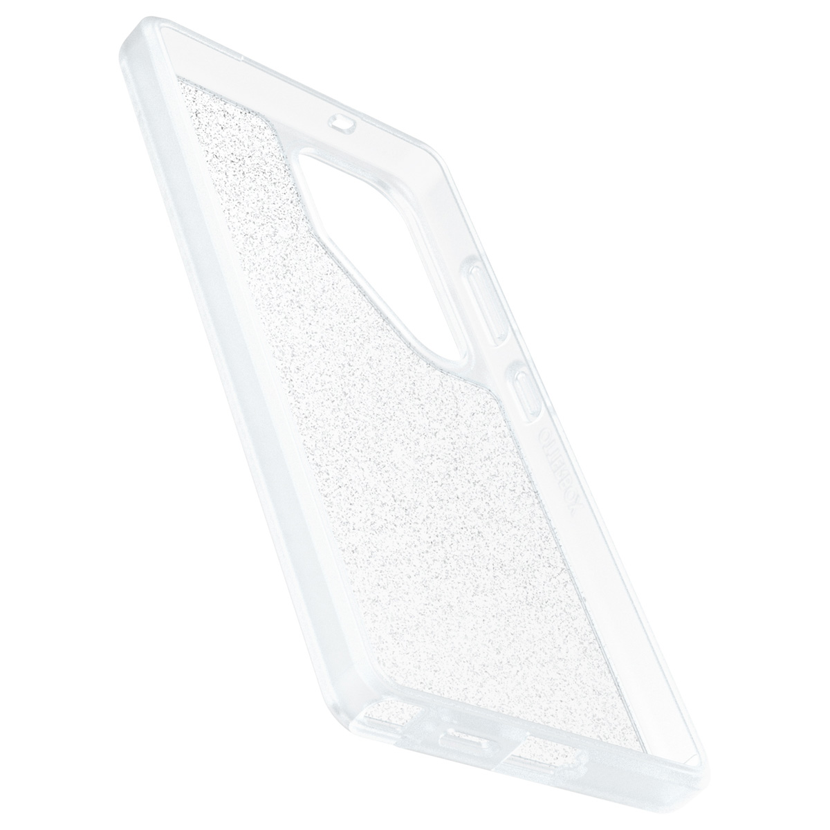 Custodia trasparente per telefono. La custodia è angolata, con glitter che coprono la parte posteriore.