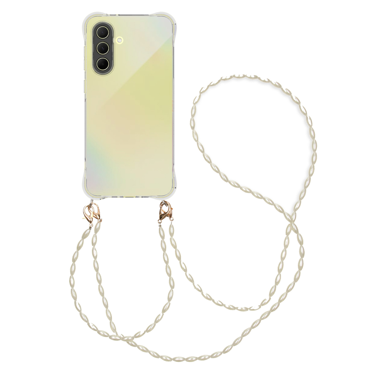 Una custodia trasparente per telefono con un cinturino per telefono a forma di collana di perle. Il telefono è su sfondo bianco.