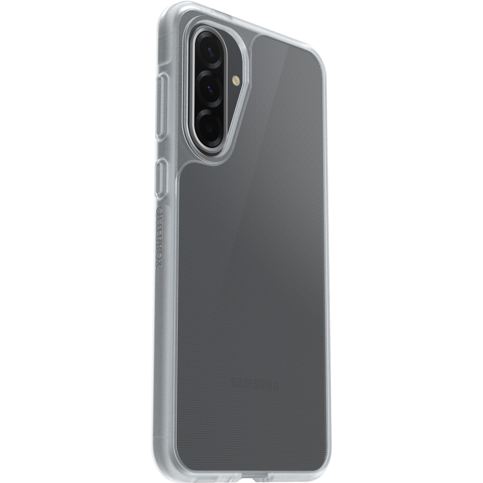Een doorzichtige telefoonhoes met een grijze achterkant en drie cameralenzen.