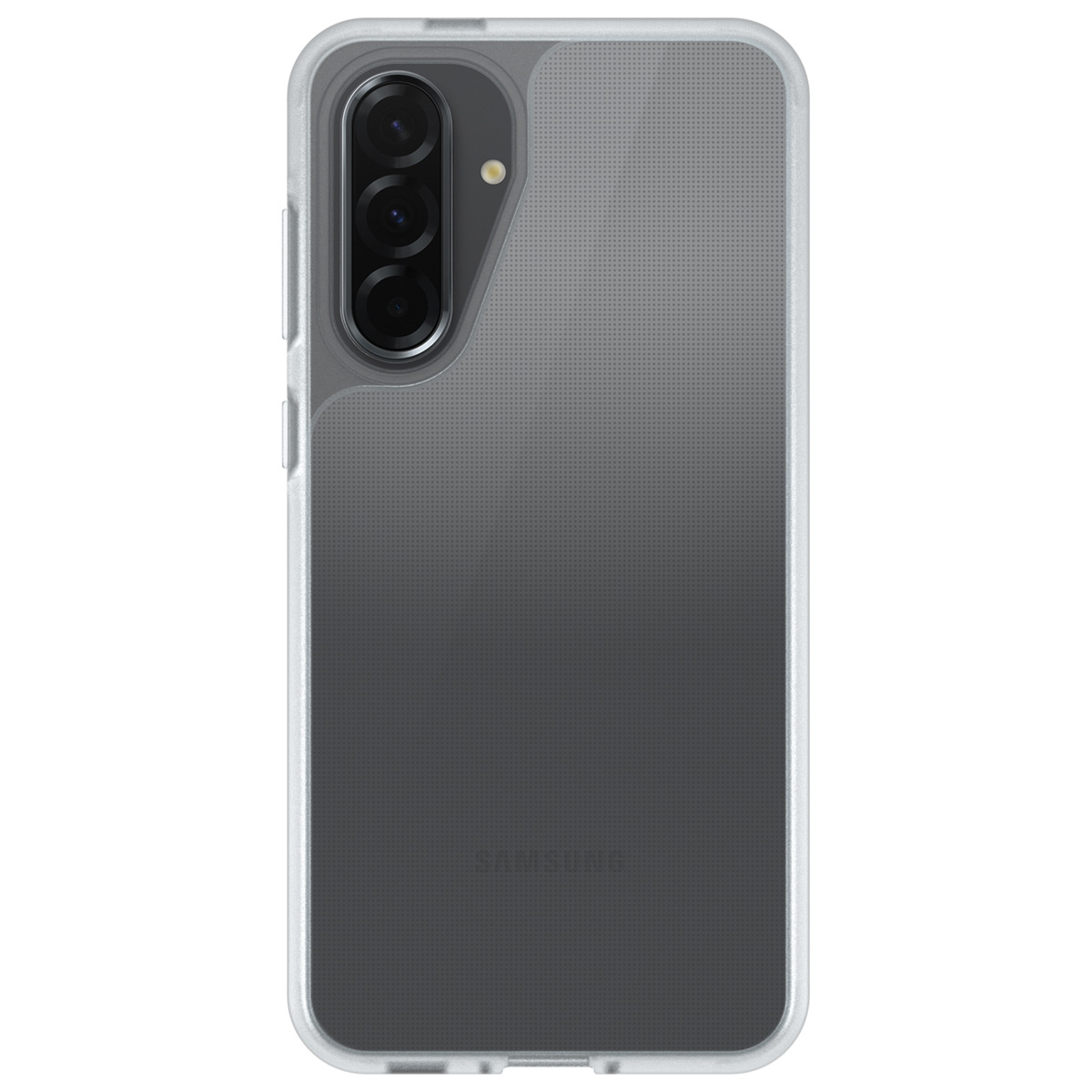 Transparante telefoonhoes met een grijze gradiënt achterkant, met de camera van de telefoon.