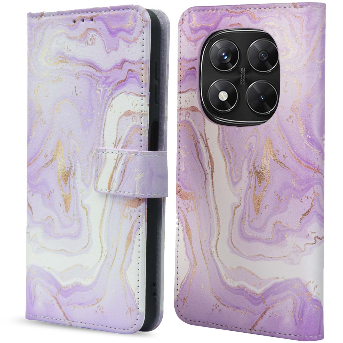 Een paarse telefoonhoes met marmerpatroon, open. De telefoon toont de camera en zit in de hoes.