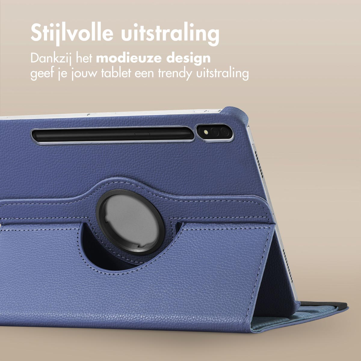 Blue tablet case with a rotating ring. The case is opened, revealing the tablet.