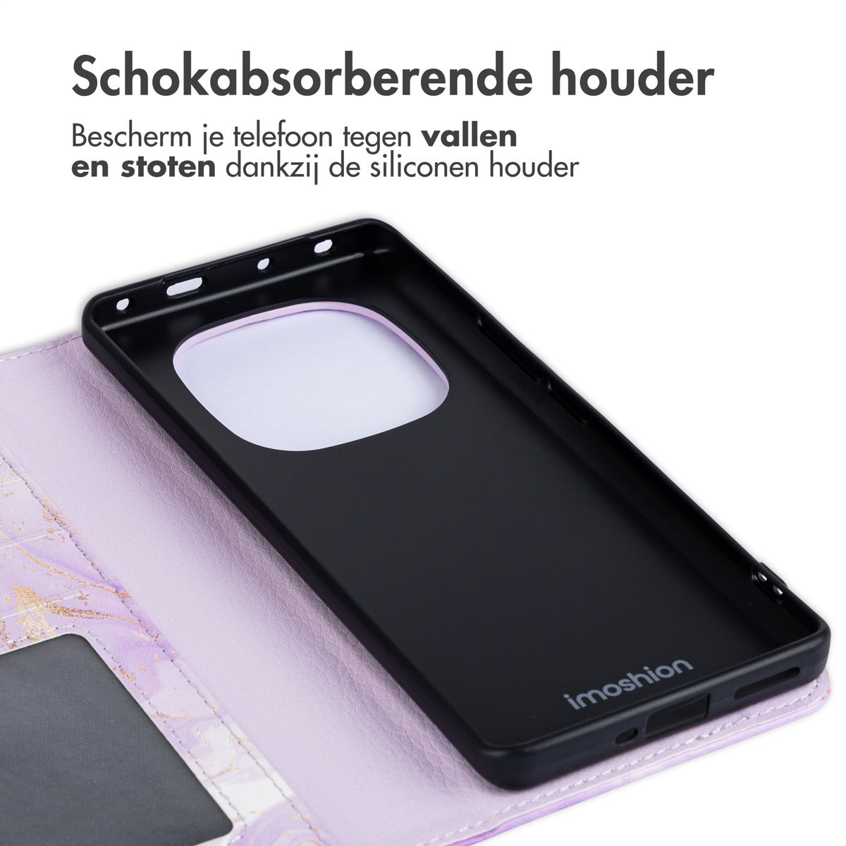 Zwarte telefoonhoes met zwart interieur en een paarse portemonnee met marble effect.