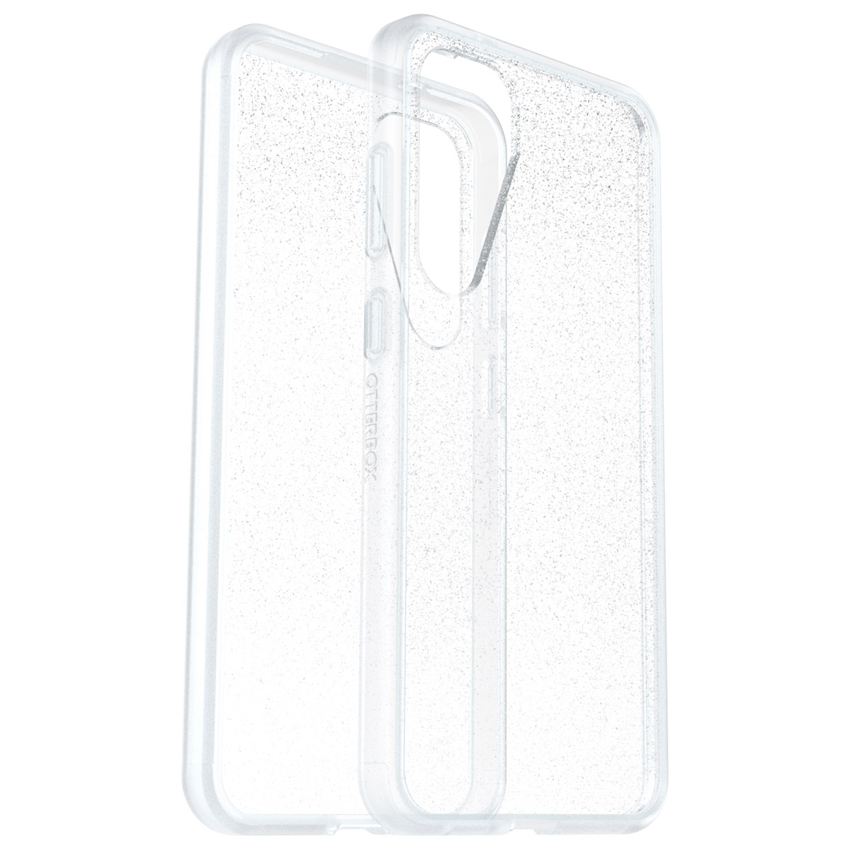 Een transparante telefoonhoes met glitter, getoond in twee delen.