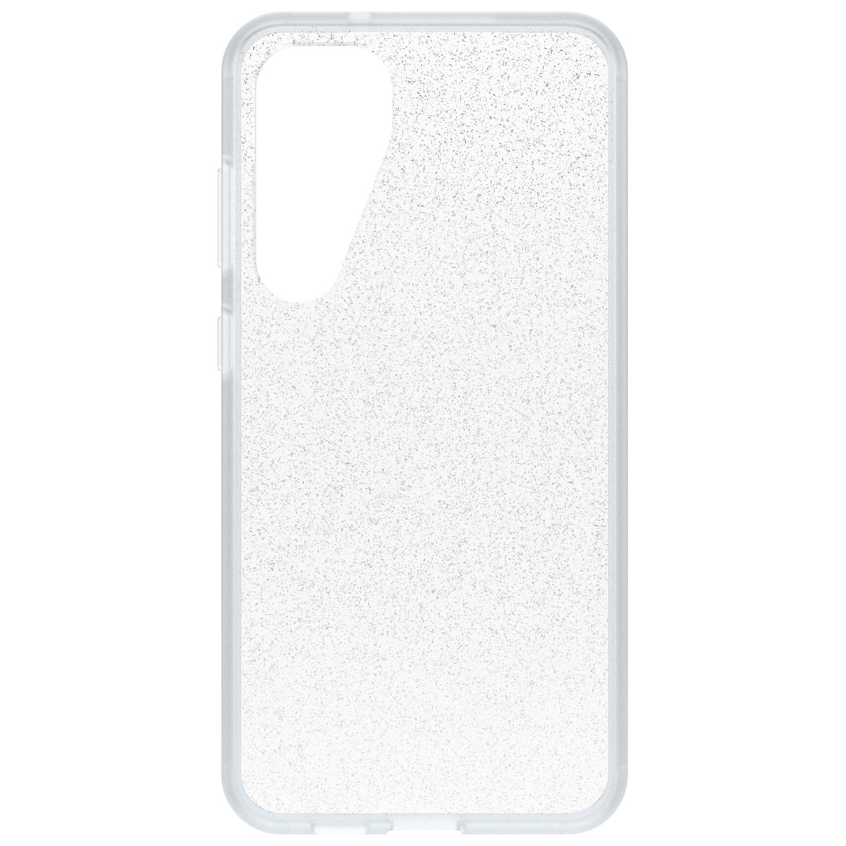 Transparante telefoonhoes. De hoes is bedekt met kleine glitter en heeft een uitsparing voor de camera.