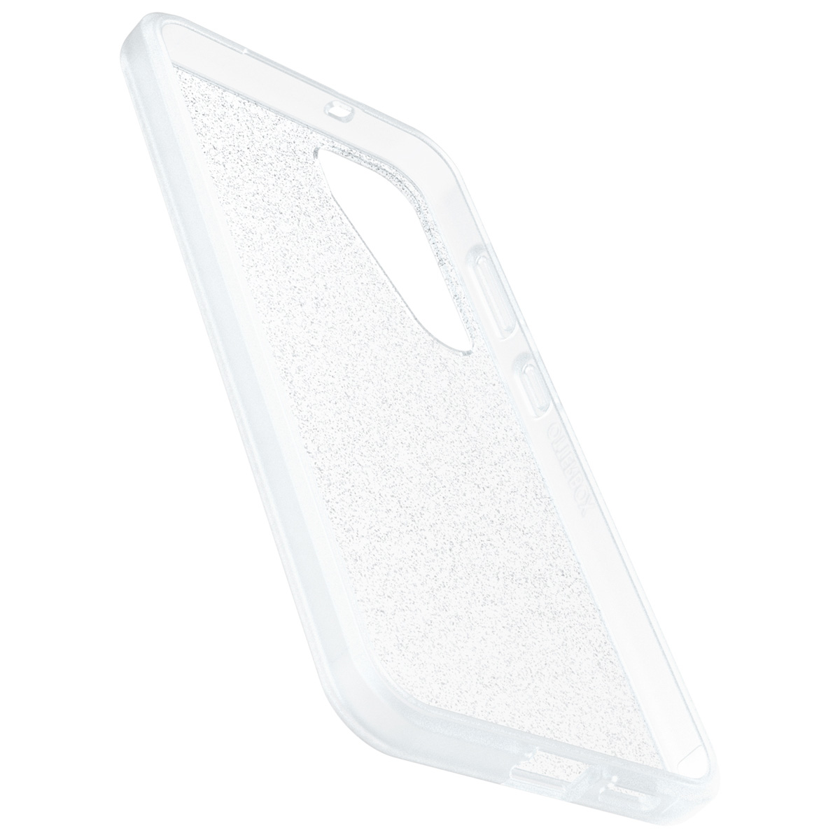 Een doorzichtige telefoonhoes met een glitterontwerp. De hoes is doorzichtig.