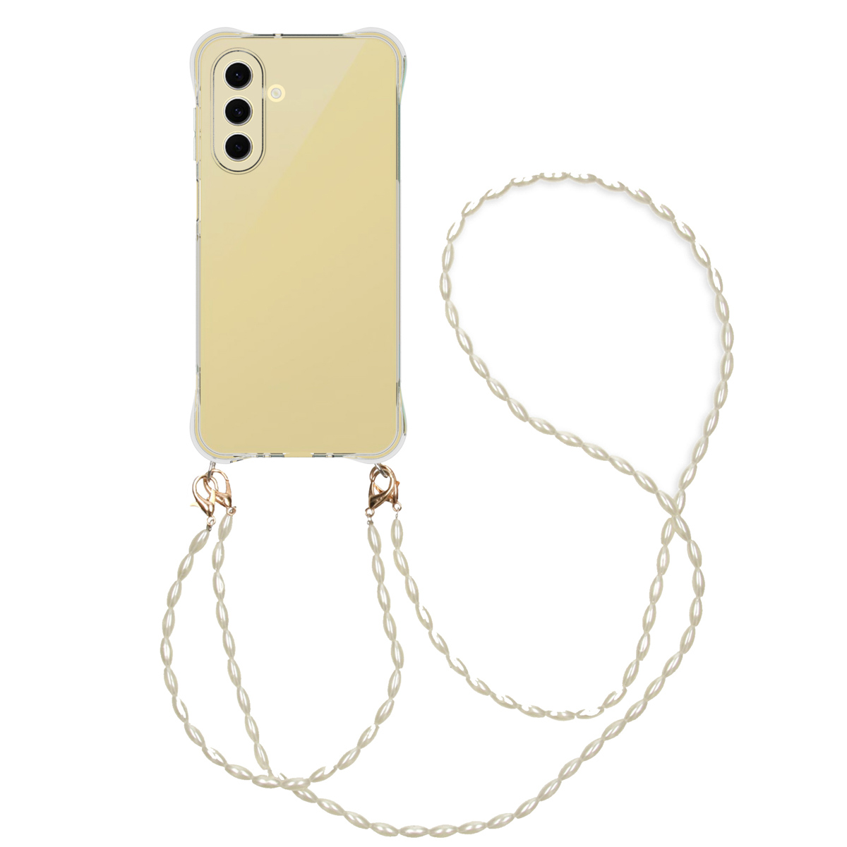 Coque de téléphone transparente avec collier de perles. Le téléphone est jaune.