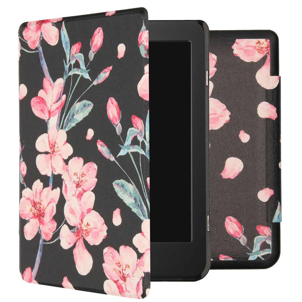 Un étui Kindle noir avec un motif floral, ouvert. L'étui ouvert révèle l'appareil Kindle à l'intérieur.