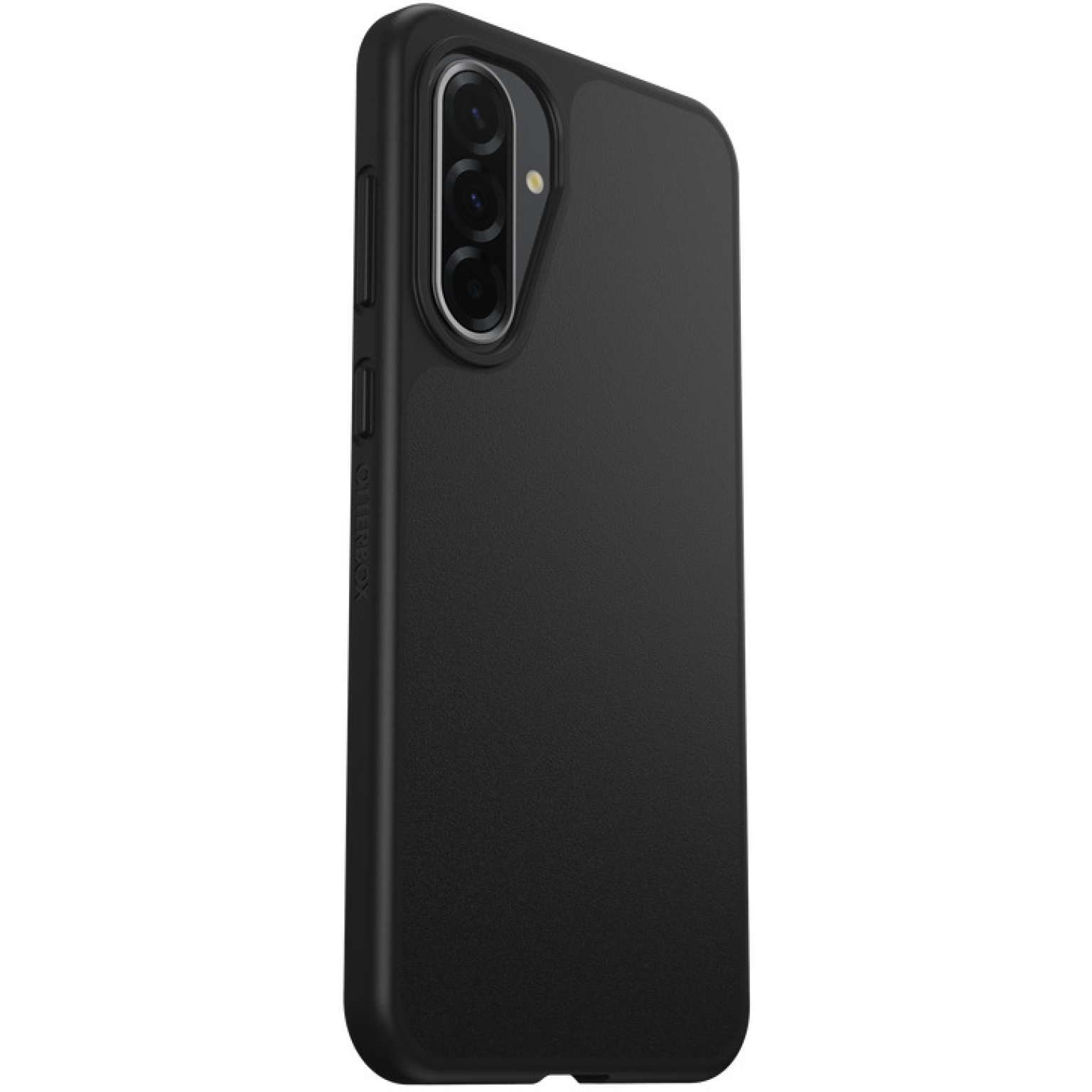 Coque de téléphone noire avec découpe caméra. Téléphone non inclus. Noir uni. Boutons latéraux visibles.