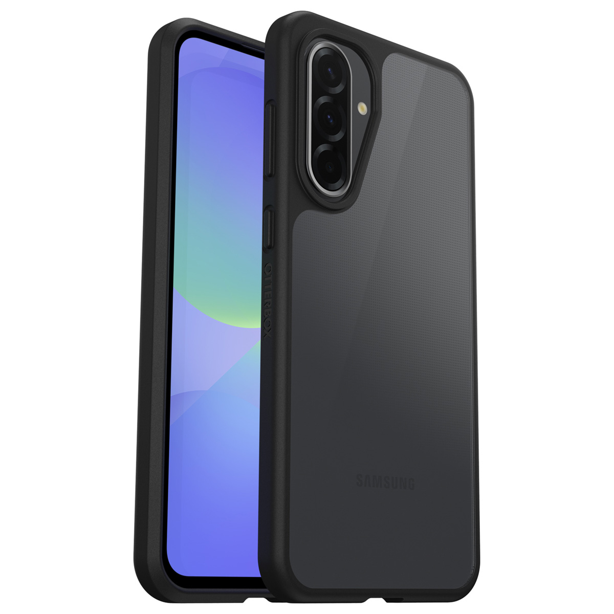 Zwarte telefoonhoes op een telefoon. De telefoon heeft een camera-array en het woord Samsung erop.